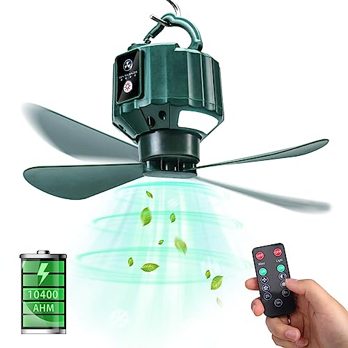 DUKUSEEK Tent Ceiling Fans for Camping, Portable Hanging Tent Fans with Light and Remote Control, USB Battery Operated Camping Fan for Canopy Tent Beach