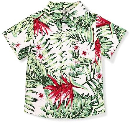 Aeslech Boy's Monstera Print Hawaiian Shirt Short Sleeve Button Down Casual Beach Tropical Party Tops 3 White Tag 180CM - 14 Years