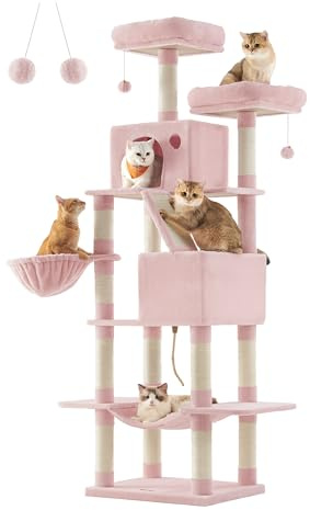 Feandrea stor skrapstolpe 206 cm hög XXL kattträd med 13 skrapstolpar, 2 plattformar, 2 grottor, korg, hängmatta, plyschbollar, kattskrapstolpe på flera nivåer, pastellrosa PCT190P01
