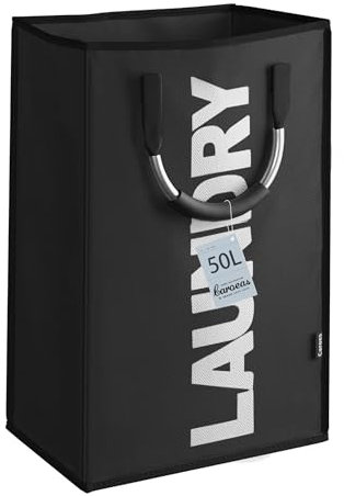 Caroeas 50L Collapsible Laundry Basket, Foldable Waterproof Washing Basket with Handles, Slim Laundry Bin for Laundry Room Bedroom (Black)