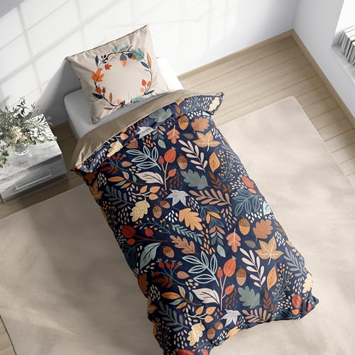 MTOnlinehandel Blätter Bettwäsche Set 100% Baumwolle, 1 Kissenbezug 80x80 cm + 1 Bettbezug 135x200 cm, Reißverschluss, hautfreundlich, sanft, weiche Satinbettwäsche (Herbst)