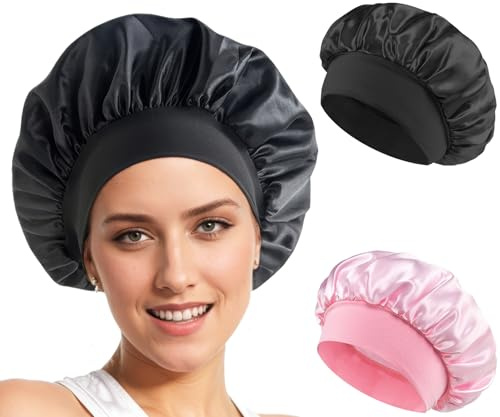 Loomify Bonnet Satin Cheveux Nuit, Lot de 2 Bonnet en Soie pour Dormir | Bonnet de Nuit pour Longs Bouclés, Doux Respirant, Bonnets Élastiques pour Femmes et Filles, Noir/Rose