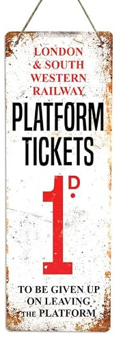 Platform Tickets. Large metal sign with 2 holes and twine. Railway train Steam vintage retro collector