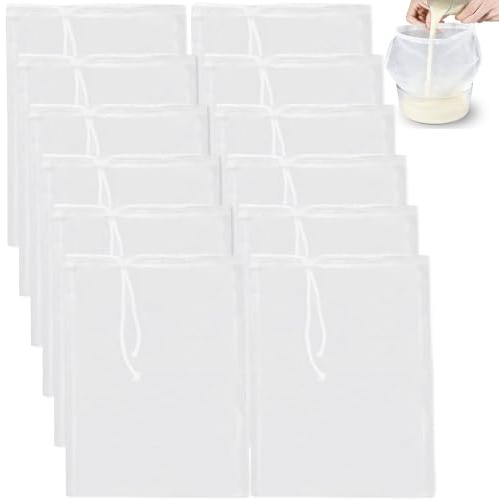 Thoquene 12 Stück Passiertuch Wiederverwendbar, 30 × 20 CM Nussmilchbeutel Bio Waschbar, Passiertücher mit Kordelzug