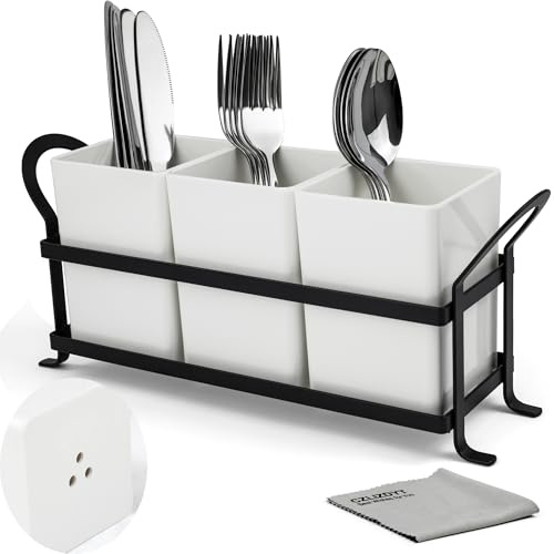 Czlizdyt Cutlery Holder with Drain Holes, Silverware Caddy for Party Countertop, 3pcs Bins Set Utensil Holders for Spoon and Fork, White