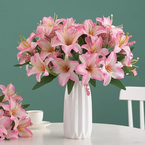 7 künstliche Lilienköpfe, Lilien, künstliche Blumen, Blumenstrauß, 32 cm, für den Esstisch zu Hause, Garten, Geschäft, Büro, Dekoration, künstliche Blumen (rosa)