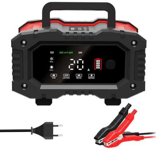 Huzoomtoyz Chargeur de batterie de voiture 20 A, 12 V, 24 V, intelligent, avec 9 niveaux de charge, écran LCD, pour voiture, camion, moto, bateau, compatible avec batteries plomb-acide AGM EFB LiFePO4