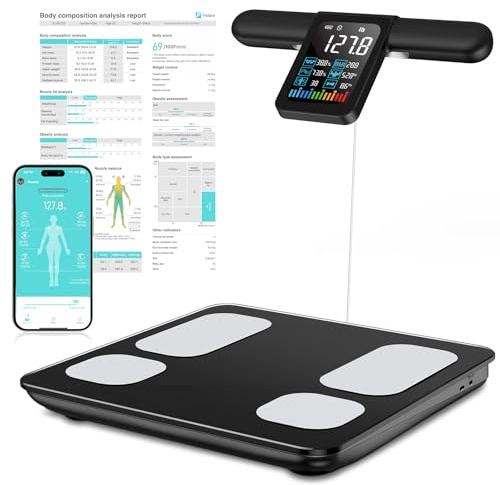 KUAIVO Körperfettwaage mit Handsensoren, Körperanalysewaage mit App und VA-Digitalanzeige, Waage mit Körperfett und Muskelmasse, Personenwaage mit Körperfettanalyse für 28 Messwerten