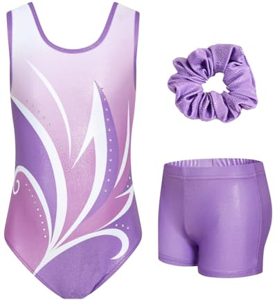 JiAmy Gymnastikanzug Mädchen, Turnanzug Kinder mit Hose Haarband Set, Glänzendes Gymnastik Turnanzug Leotard für 11-12 Jahre