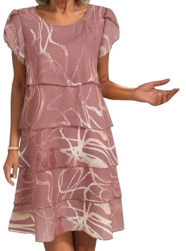 Abito Midi Casual Donna Scollo Tondo in Chiffon con Stampa 3D Bohémien Volant a Strati Gonna Sovrapposta Elegante Primaverile da Spiaggia Hawaiano (Light Purple, XXL)