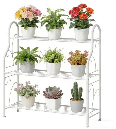 Dazioter Plant Stand Indoor Outdoor Plant Shelf 3 Tier Metal Corner Holder for Living Room Balcony Garden, White