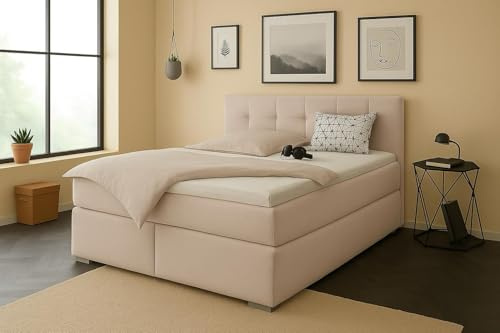 A&J MöbelLand Boxspringbett 140x200 mit Bettkasten und Lattenrost – Tom-OM, Bett mit Stauraum in Beige 2 ohne Matratze