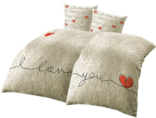 Leonado Vicenti Bettwäsche Set 135x200 cm 80x80 cm 4teilig Partnerbettwäsche Herz Design Love You beige Weiss hautfreundlich pflegeleicht mit Reißverschluss