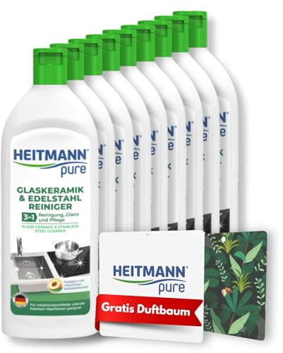 HEITMANN pure Glaskeramik- und Edelstahlreiniger | Kraftvolle 3-in-1 Reinigung für Kochfelder & Metalle | Auf natürlicher Mineralienbasis mit Aprikosenkernpulver | 9 x 250 ml + GRATIS Duftbaum