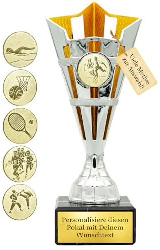 Pokal mit Wunschtext – 21 cm - Silber-Gold – inkl. Gravurschild und Emblem - Trophäe für Sport, Geburtstag, Firma, Schule, Kinderwettbewerb