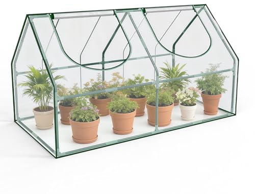 OnBrand Tragbares Mini-Gewächshaus für den Innen- und Außenbereich, PVC, kleines Gewächshaus mit 4 Reißverschlusstüren, transparentes Pflanzenzelt für Setzlinge, Blumen, Gemüse, 165 x 84 x 90 cm