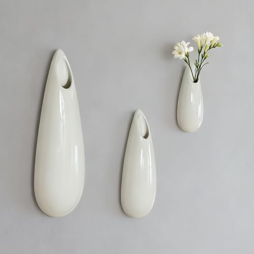 Duoqulou Hanging Wall Vase for Indoor Plants,Set of 3 White Ceramic Wall Planter, Decorative Wall Mounted Flower Vase for Propagation and Succulent Planter