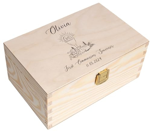 Creative Deco Personnalisé Première Communion Confirmation Cadeau Boite | Boîte à Souvenirs en Bois pour Garçon et Fille | Personnalisés - Calice et Prière du Chapelet | Personnalisable Idée Coffret
