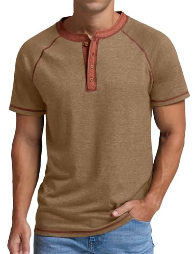PrinStory Henley - Maglietta da uomo in cotone, a maniche corte, con bottoni, estiva, da corsa, per uomo, Kaki scuro., L