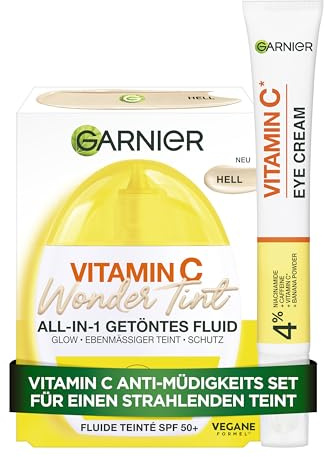 Garnier Vitamin C Anti-Müdigkeits Set – Routine mit Glow Booster Augencreme gegen Augenringe & Wonder Tint Getöntem Fluid Hell LSF 50+ – Pflegeset für eine wache Augenpartie & strahlenden Teint