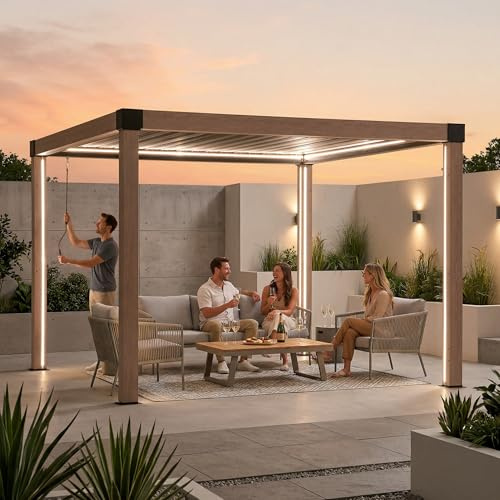 SUNJOY 3 x 3 m Lamellenpergola, Solar-LED-Beleuchtung mit Fernbedienung, 105° verstellbares wasserdichtes Dach, Aluminiumpfosten mit Holzdekor, integrierte Entwässerung, Wetterschutz für Garten