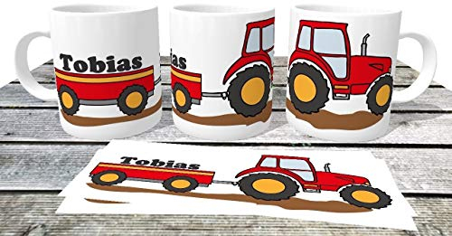 Kunststofftasse Traktor rot mit Name - Namenstasse Trecker Schlepper -Kindergartentasse für kleine Landwirte und Treckerfahrer