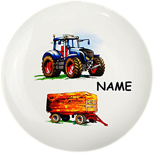 alles-meine.de GmbH großer Teller - Kinderteller - Traktor - Trecker mit Anhänger - Bauernhof - inkl. Name - Ø 21 cm - aus Porzellan/Keramik - Speiseteller/Frühstückstell..