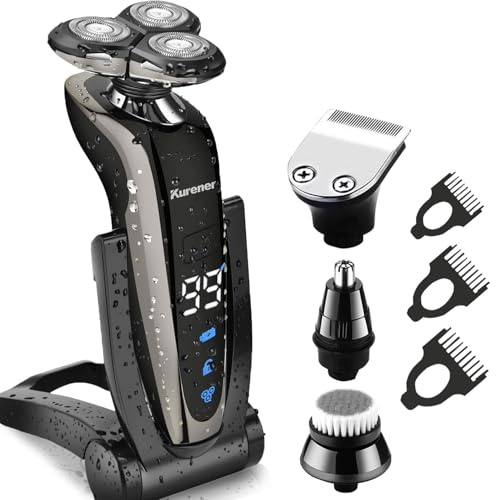Kurener Rasoir électrique pour homme rechargeable 100% étanche rotatif pour le rasage avec tondeuse de nez, pattes et brosse de nettoyage du visage