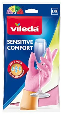 Vileda Wiederverwendbare empfindliche Handschuhe L, Naturlatex, schützend, berührungsempfindlich, bequeme Passform, gute Passform, Rosa, große Größe (1 Paar pro Packung)