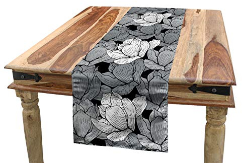 ABAKUHAUS Schwarz und Grau Tischläufer, Lotus, Esszimmer Küche Rechteckiger Dekorativer Tischläufer, 40 x 225 cm, Weiß Schwarz