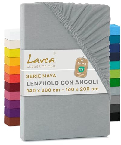 Lavea® Lenzuolo con Angoli Una Piazza e Mezza Francese 140x200 cm - 100% Cotone Morbido e Traspirante - per Materassi alti fino a 20 cm - con Elastico in Jersey - Argento