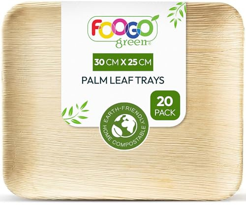 FOOGO Green 20 Plateaux Jetables Feuille de Palmier 30x25cm Rectangles | Robustes et écologiques, Pizza, Entrées, Canapés, Planche charcuterie, Plats chauds, Alternative plateaux en bois