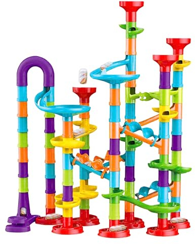The Magic Toy Shop 113 Piece Marble Run Game Toy Set - Colourful 3D Maze Track Construction Kit with Glass Marbles - Educational STEM Building Blocks Race for Kids, Boys & Girls Age 3+