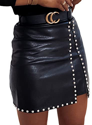 YILEEGOO Womens Faux Leather Short Mini Skirt High Waist Rhinestone Studded Bodycon Pencil Skirt (Black, Medium)