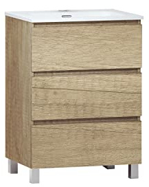 Baikal Mueble de Baño TRIX, Distribución de 3 cajones, con Patas y con Lavabo cerámico. Melamina 16mm. Distintas Medidas y Acabados Disponibles. Mueble MONTADO