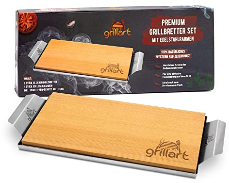 grillart® Premium Räucherbretter aus Zedernholz mit hochwertigem Edelstahlrahmen für eine einfache Handhabung und zum schönen Servieren am Tisch