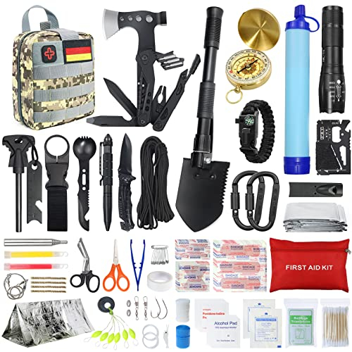 Kit de supervivencia para camping/aventura con botiquín de primeros auxilios, 180 piezas, con filtro de agua, pajita, hacha de martillo multifuncional, regalo para hombre, de colores