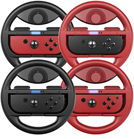 COODIO Switch Racing Wheel, Joy-Con Steering Wheel for Mario Kart 8 Deluxe / Nintendo Switch & OLED Model, 4 Packs (Black x 2 / Red x 2)