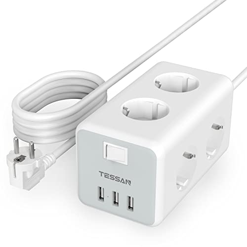 TESSAN 6 Fach Mehrfachsteckdose mit USB C, Verlängerungskabel 3M Verteilersteckdose, Steckdosenleiste mit 3 USB, 9 in 1 Steckerleiste mit Schalter, Steckdosenwürfel Wandmontage, Mehrfachstecker 3600W
