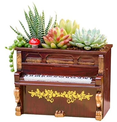 JIATAY Holztöpfe, Mini Blumentopf, Retro Harz Sukkulenten Pflanzgefäß Bonsai Topf Schreibtisch Halter Mini Ornament (Piano Braun)