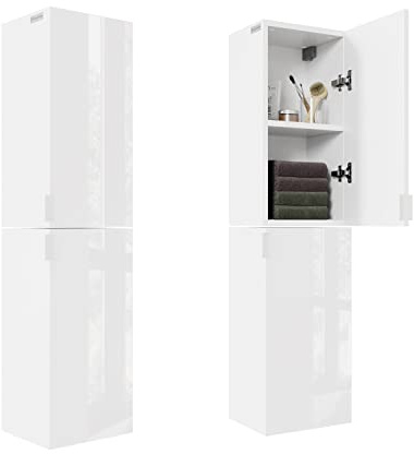 PLATAN ROOM Badschrank Hochschrank 2 TLG.-Set 60cm 90cm 120cm 150 cm hängend Badezimmerschrank mit Soft-Close Wandschrank für Bad Matt - Hochglanz Weiß (Weiß Matt/Weiß Hochglanz, 120 cm hoch (2x60))
