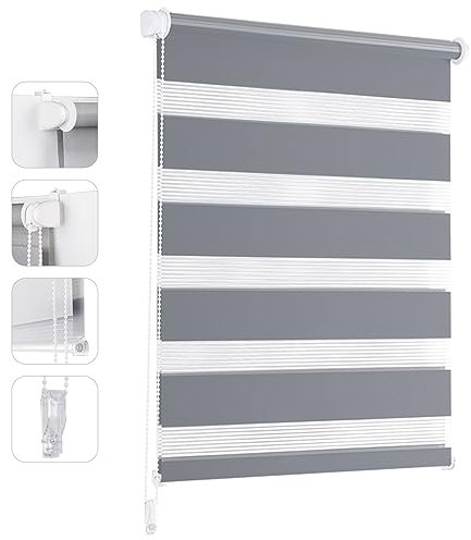 Sekey Doppelrollo Klemmfix ohne Bohren für Fenster, Doppelrollo 115 cm breit, Duo Rollo Jalousie Sonnenschutz, 115x210cm, Grau