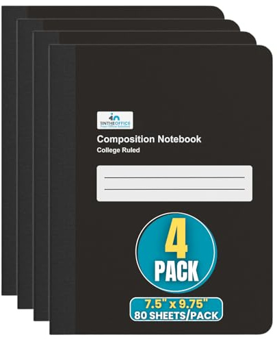 1InTheOffice Composition Notebook, College Rule Notebook, 160 Pages (80 Sheets), Black, 7 1/2 x 9 3/4, 4 Pack