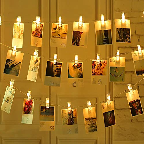 Flaspar 10M 100 LEDs Fotoclips Lichterkette, Warmweiß Lichterkette mit 50 Klammern für Fotos Wand Batteriebetriebene für Party, Zimmer, Wohnzimmer Deko, Hochzeiten