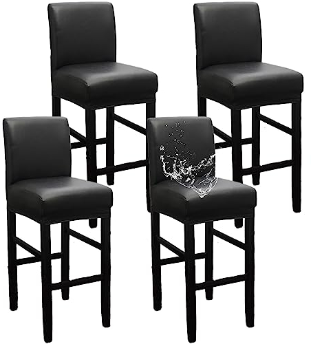 Bar Stuhlhusse wasserdichte Barhocker Stuhlhussen Abnehmbarer Waschbarer Stuhlbezug PU Leder Stuhl Schonbezug (Schwarz,4 Stück)