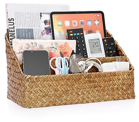 BTSKY Woven Storage Basket Natural Seagrass Vertical Wicker Storage Baskets with 4 Compartments Desk Organizers and Storage Magazine File Holder Home Office Supplies Sorter Rack, Caramel