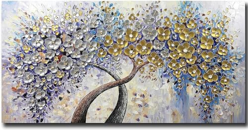 Fokenzary Dipinto a mano astratto moderno fiori spessi effetto 3D coltello tela pittura incorniciata pronta da appendere (50x100 cm)