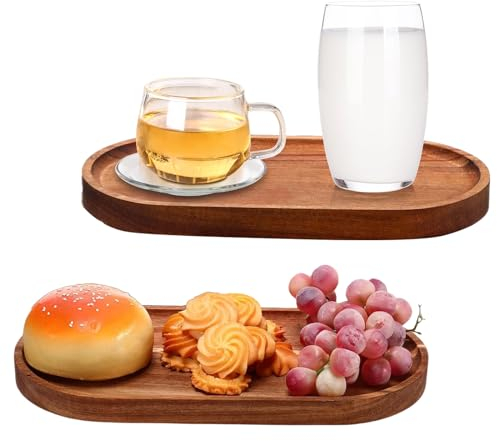 Nizirioo 2 Stück Akazie Holztablett: Dekotablett mit Hochgezogenem Rand, Serviertablett Holz, Oval Holzbrett Küche Ideal für Dessert Kuchen Snacks Brot Fleisch Gemüse Käse Schinken(19x10.5x1.5cm)