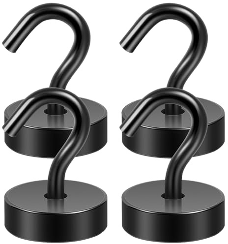 Neosmuk Magnethaken, 18kg Extra Starke Magnetische Haken für Camping, Werkstatt, Spind, Kleiderhaken mit Neodym Magnet für Outdoor und Kreuzfahrt Zubehör, Schwarz,4er-Pack