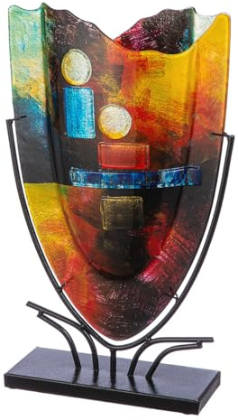 GILDE GLAS art große Deko Vase - handbemalte Glasvase mit Metall Ständer - Dekoration Wohnzimmer Höhe 49 cm Mehrfarbig